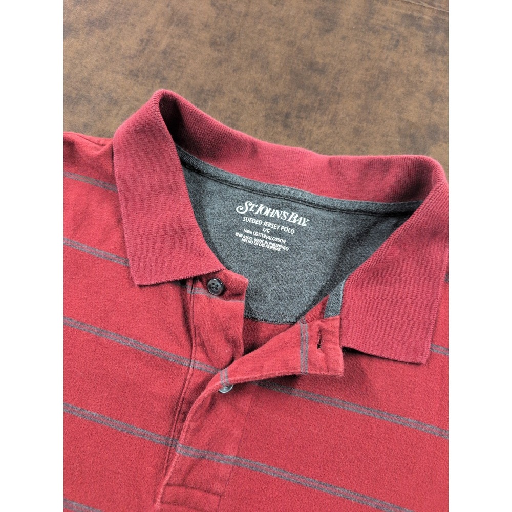 St Johns Bay Mens Sueded Jersey Polo Shirt Red Grey Striped Long Sleeve Large